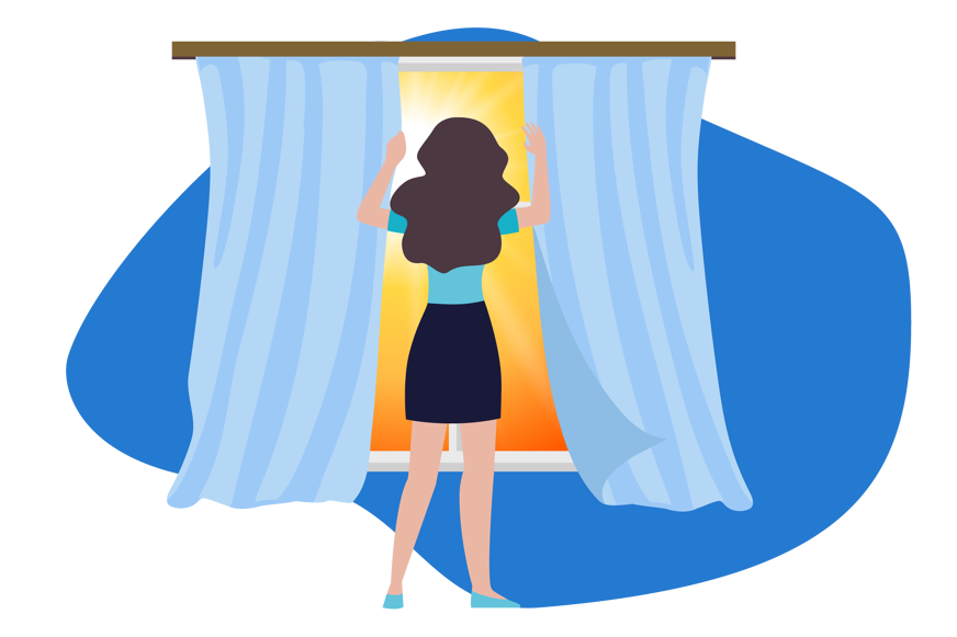 woman closing curtains